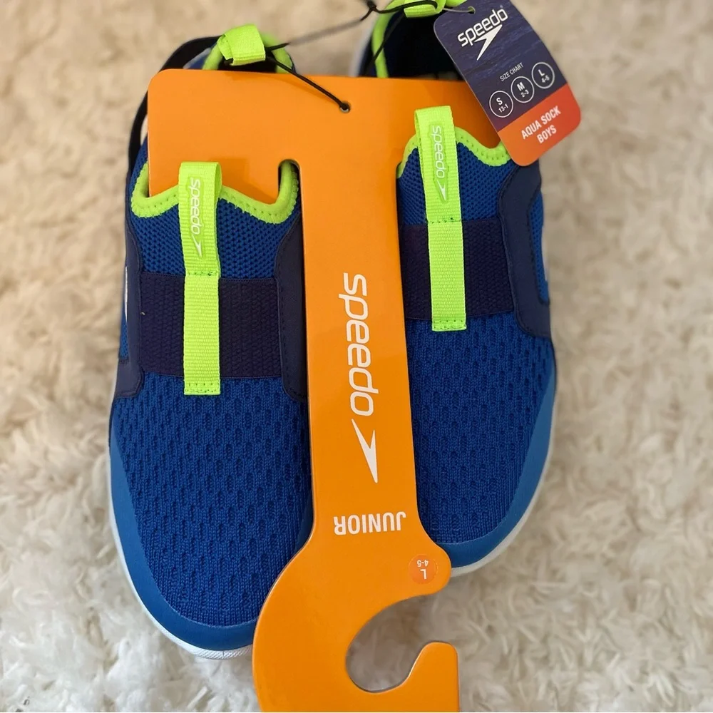Speedo‎ Junior Aqua Sock Boys Water Shoes Blue Lime Green Size Large L 4-5 NEW